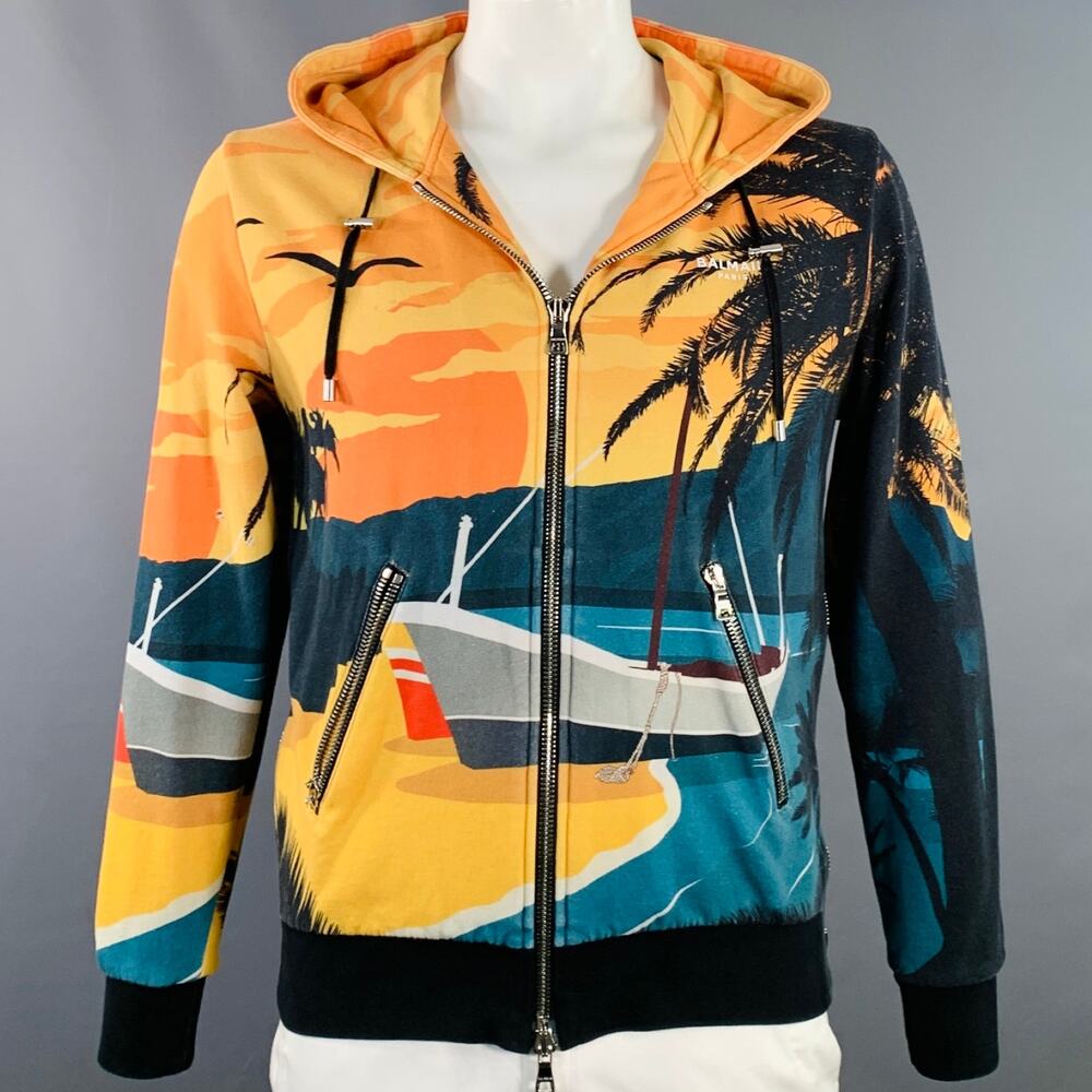 BALMAIN Size L Black Orange Blue Tropical Cotton Hooded Zip Up Sweatshirt